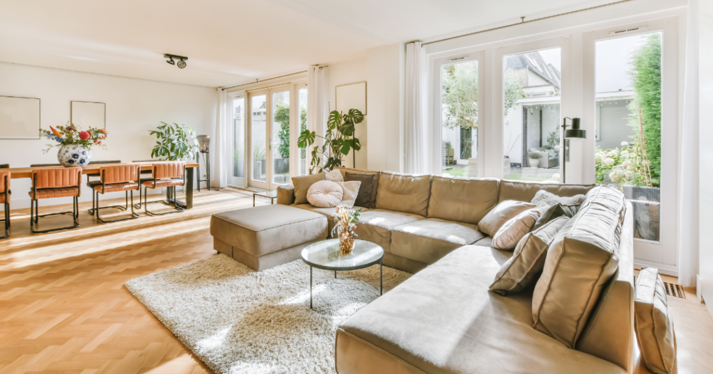 living room interior design with herringbone floor