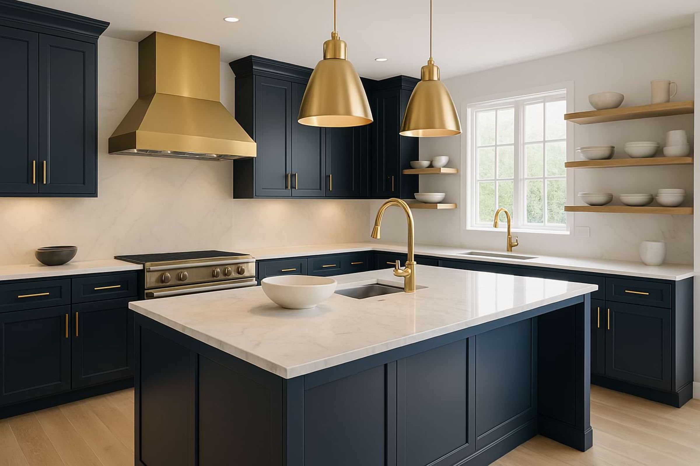 Interior of a kitchen featuring navy blue cabinets, a white granite countertop, and gold light fixtures and other hardware.