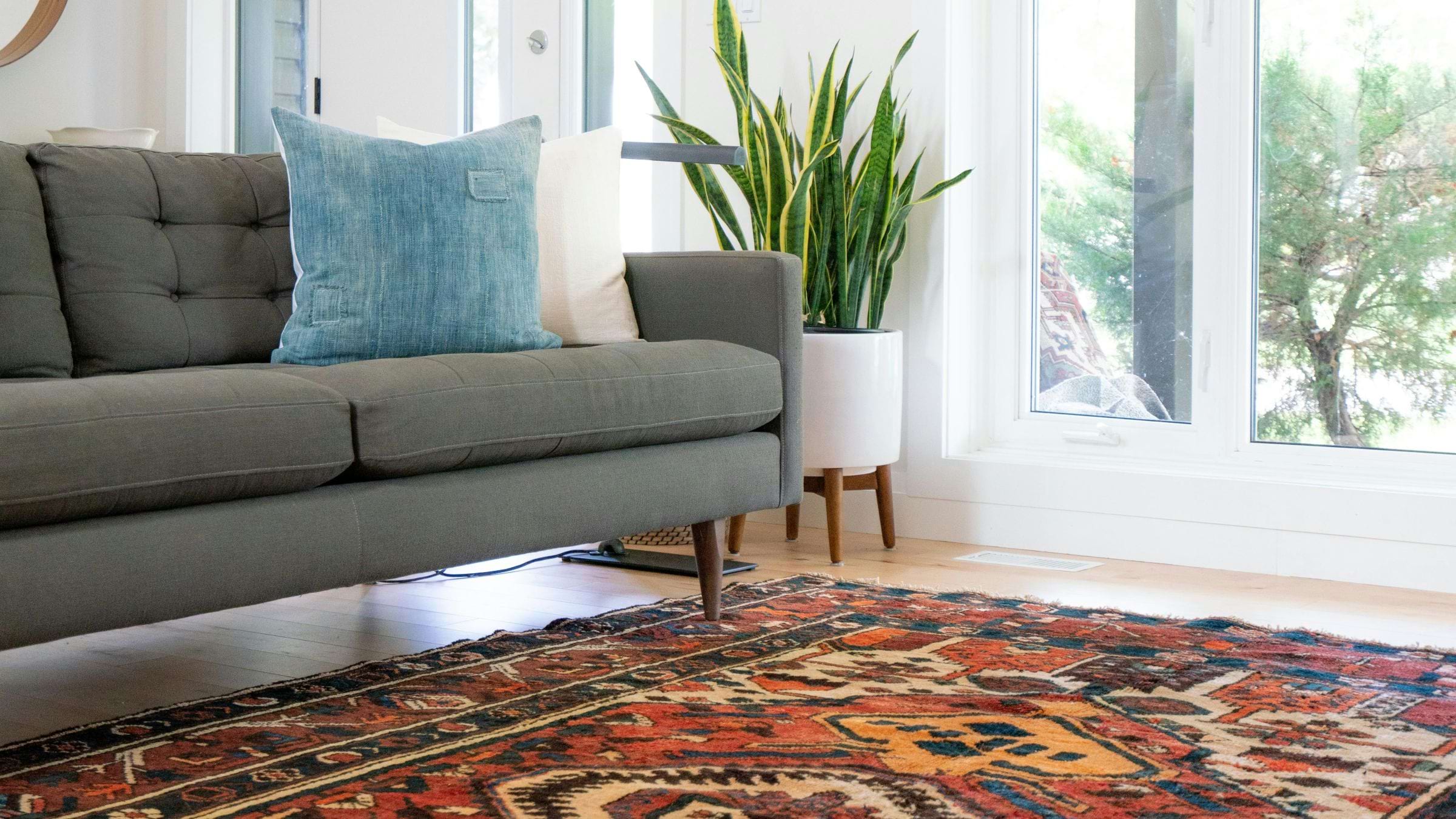A room with natural light featuring a gray couch and a colorful rug.