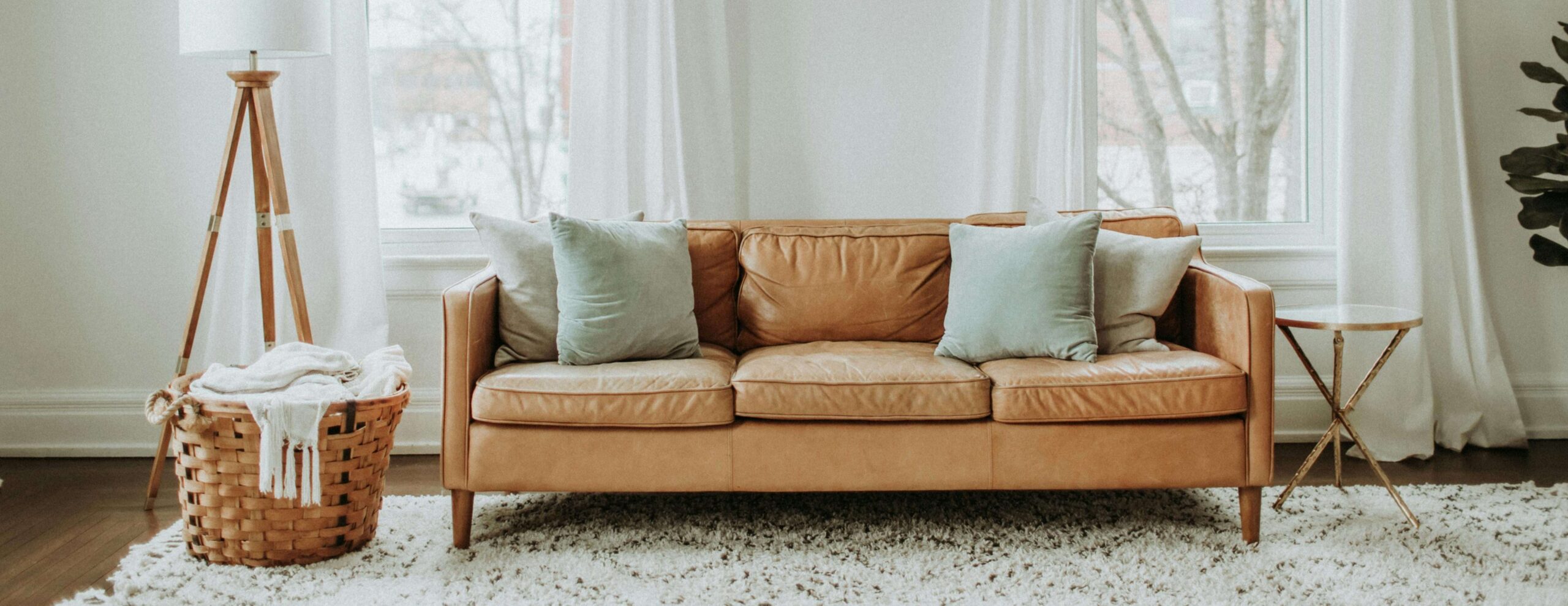 Brown couch in a room with a lot of natural light and white walls, light-colored rug.