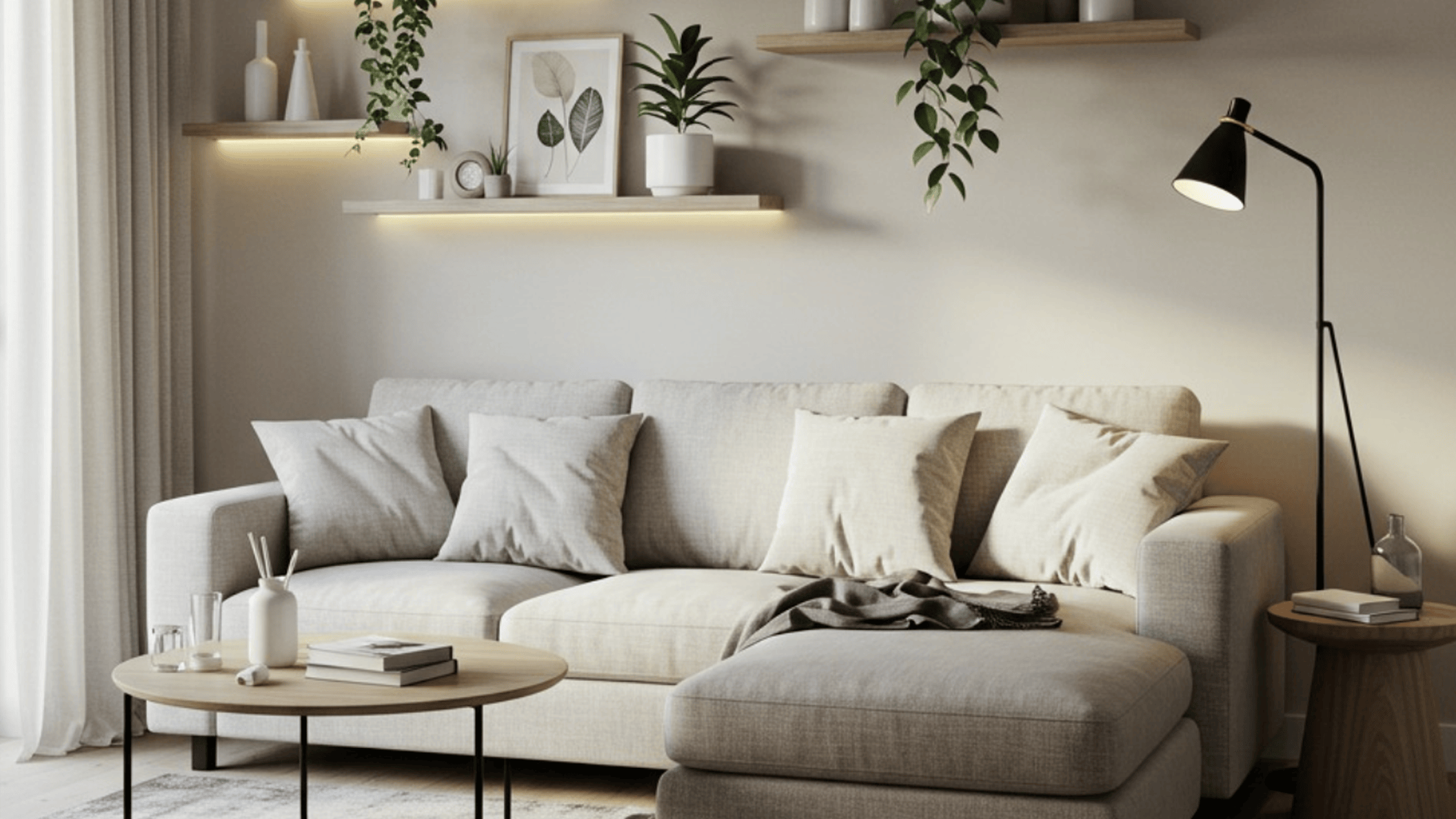 beige couch against a beige wall with some floating shelves and green plants.
