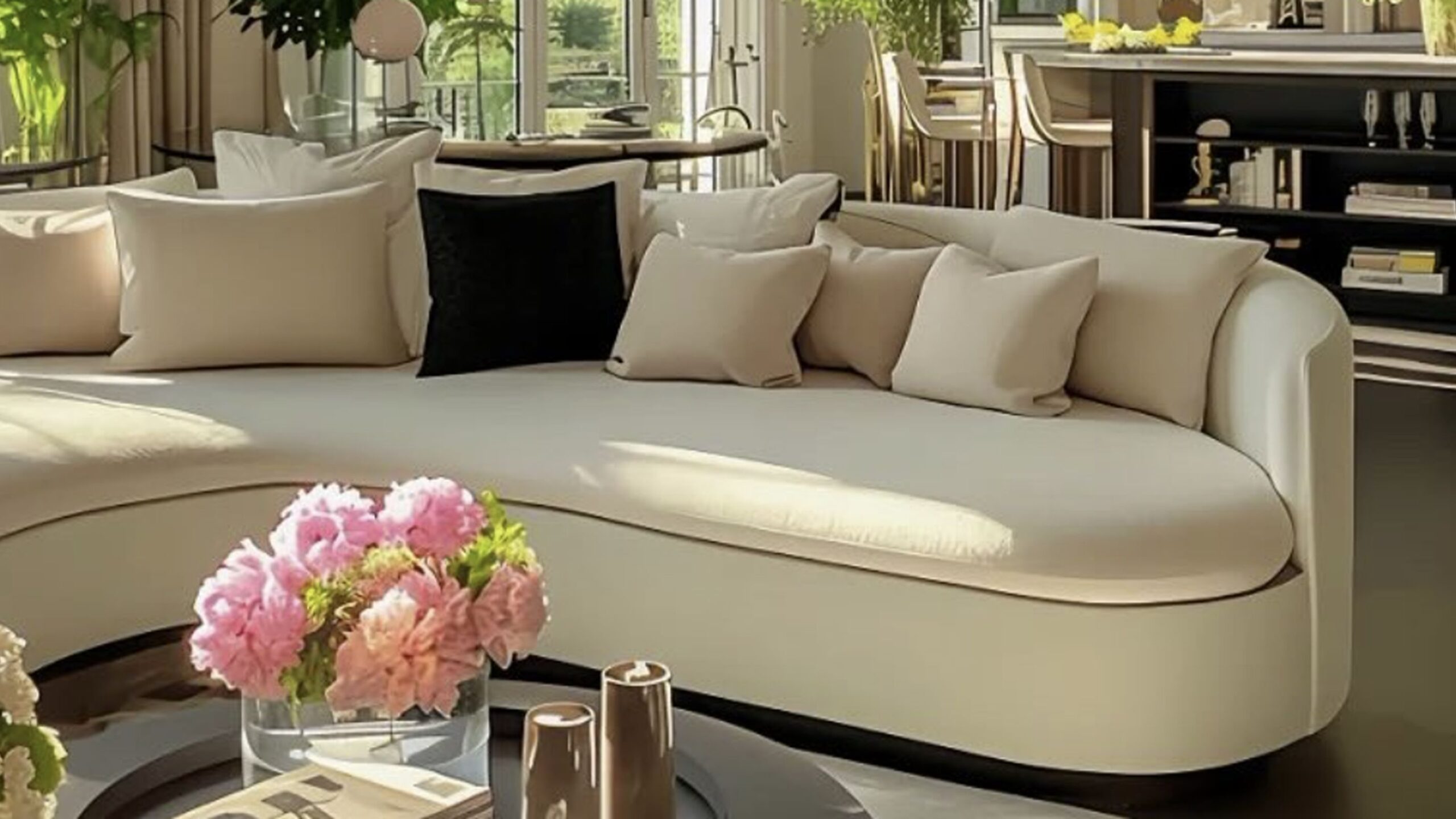 Larging living room with beige sofa and a coffee table holding a large vase of pink flowers..