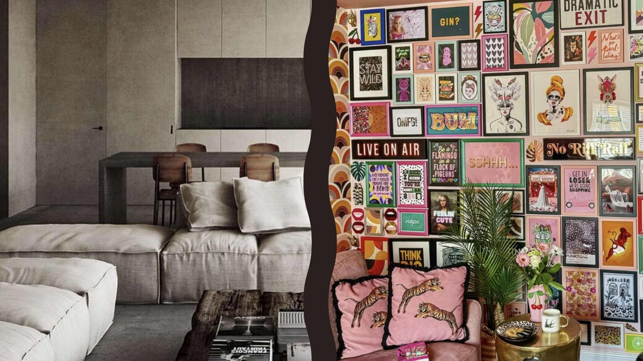 A split frame of two photos showing a minimalist and a maximalist style reflected in the living room/sitting area of a home. Each room features a couch with throw pillows in the coordinating style.