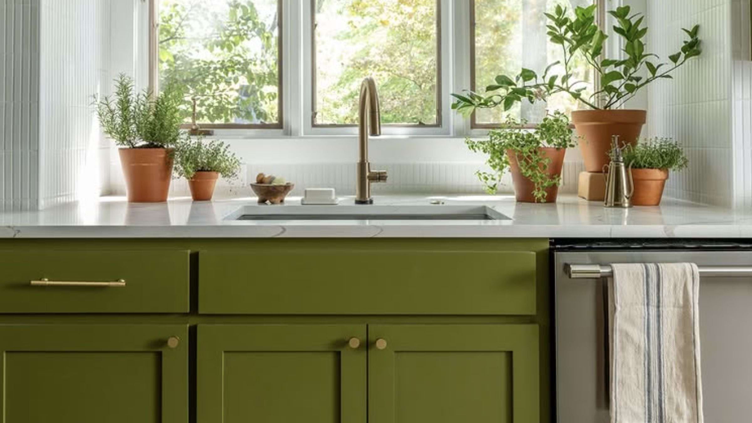 A kitchen sink with lots of natural light coming in from large windows above the sink. Several green plants are on the countertop.