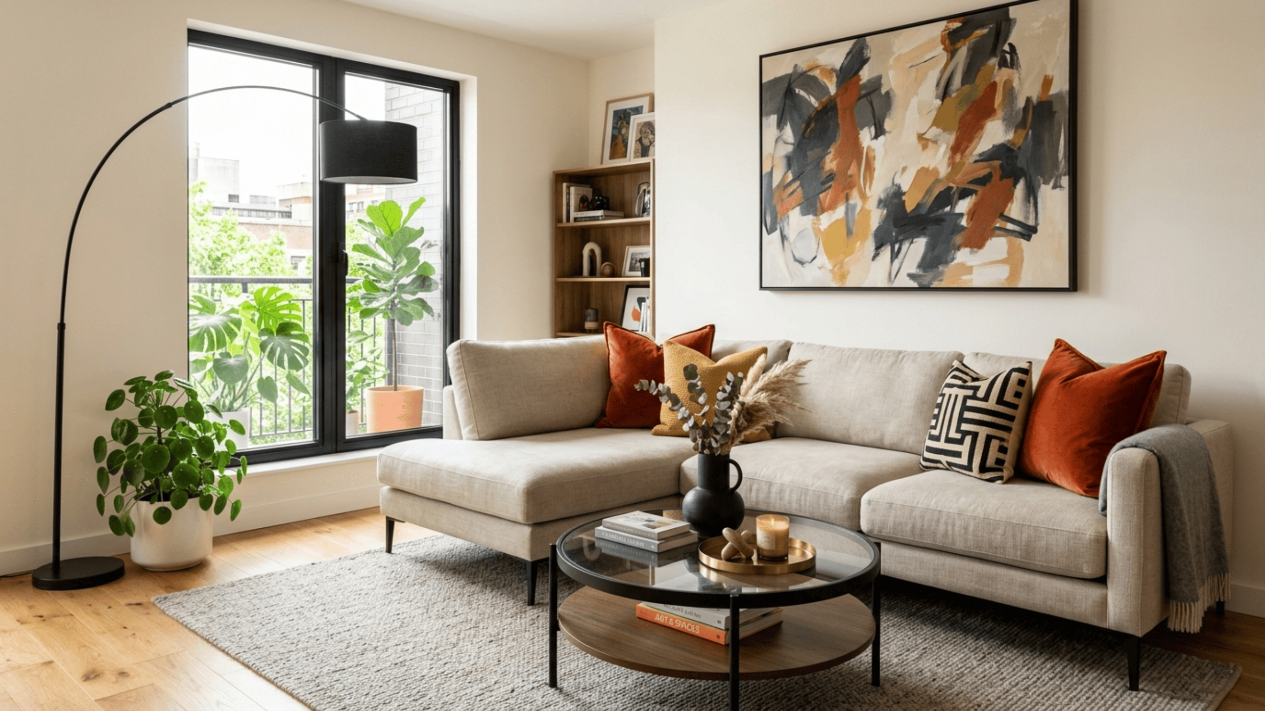 Seating area with neutral furniture including a couch, table and lamp, along with bold colored accents like wall art and pillows.