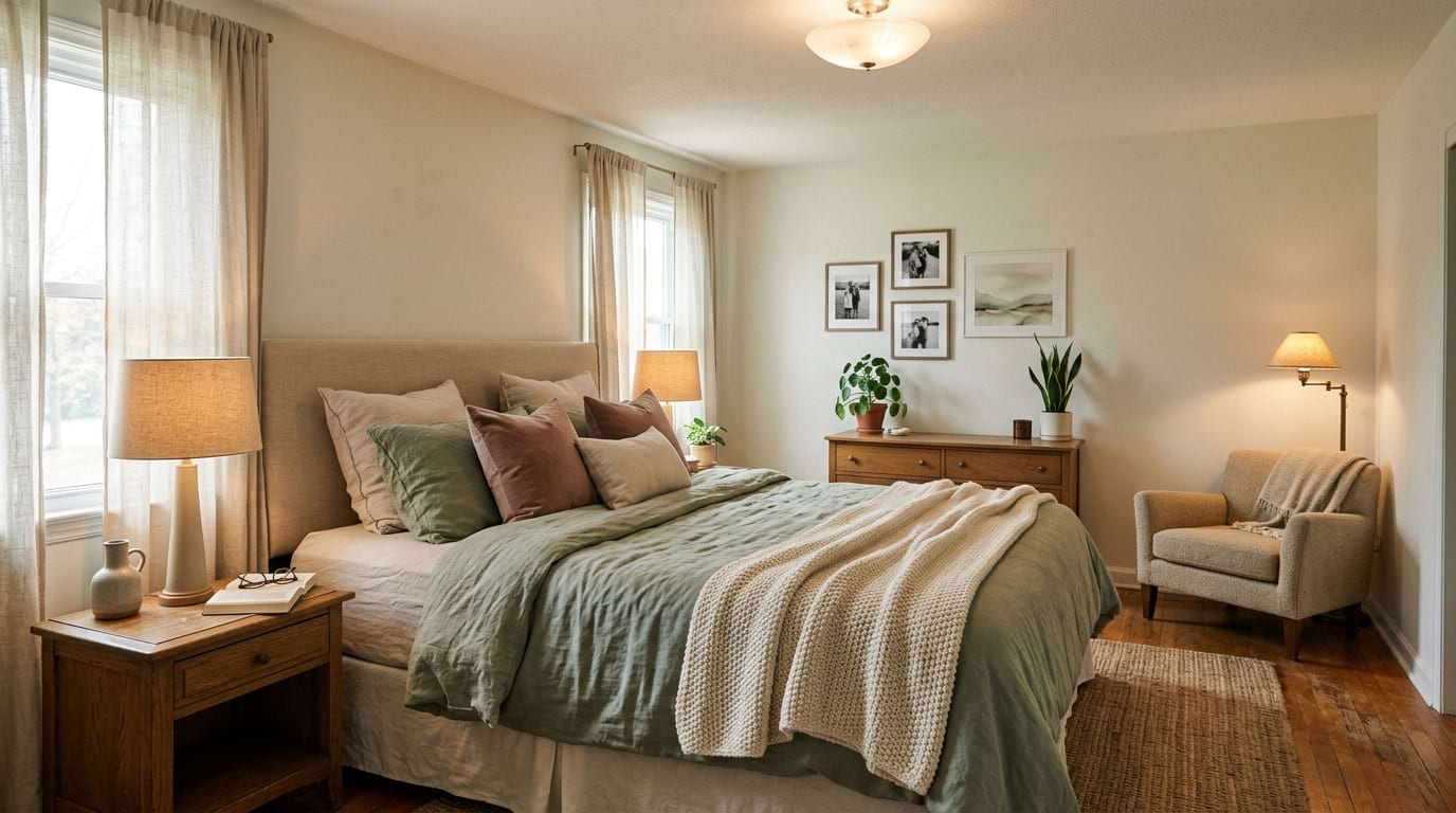 Bedroom styled with soft textiles, muted colors, and layered lighting to create a calm, intimate atmosphere.