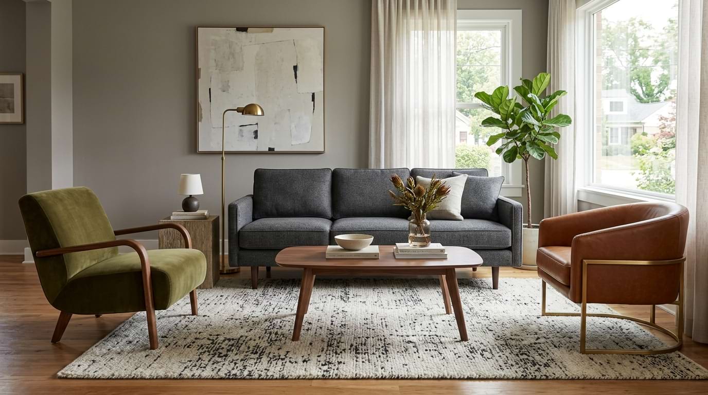 Living room and dining room showing cohesive furniture scale and complementary silhouettes across spaces.