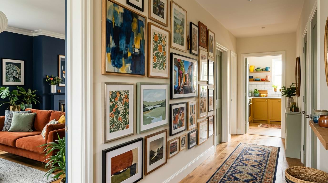 Hallway gallery wall tying together colors and artwork from multiple rooms for seamless visual flow.