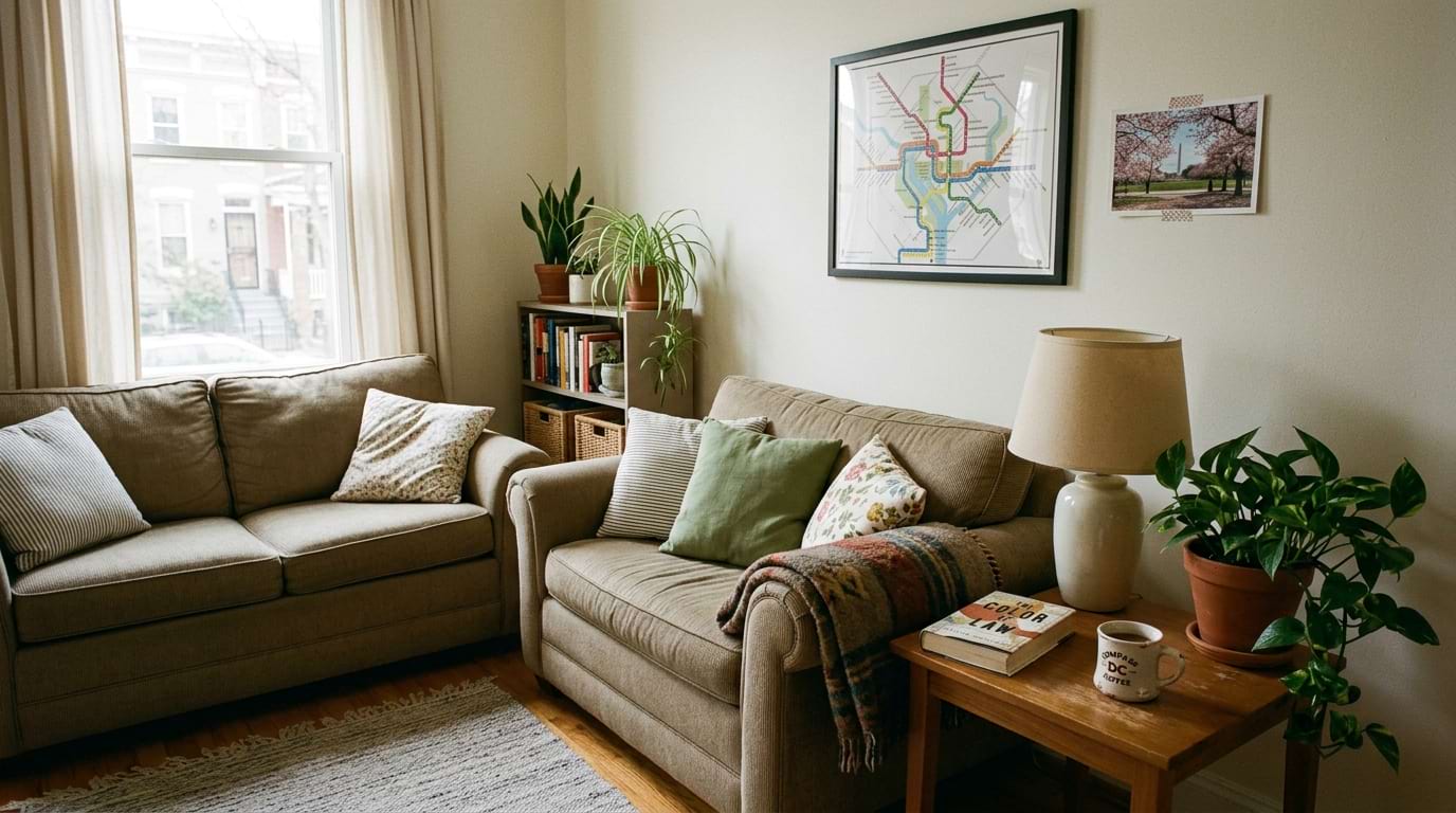 Styled living room with minimal accessories grouped by material and color, emphasizing intentional editing.