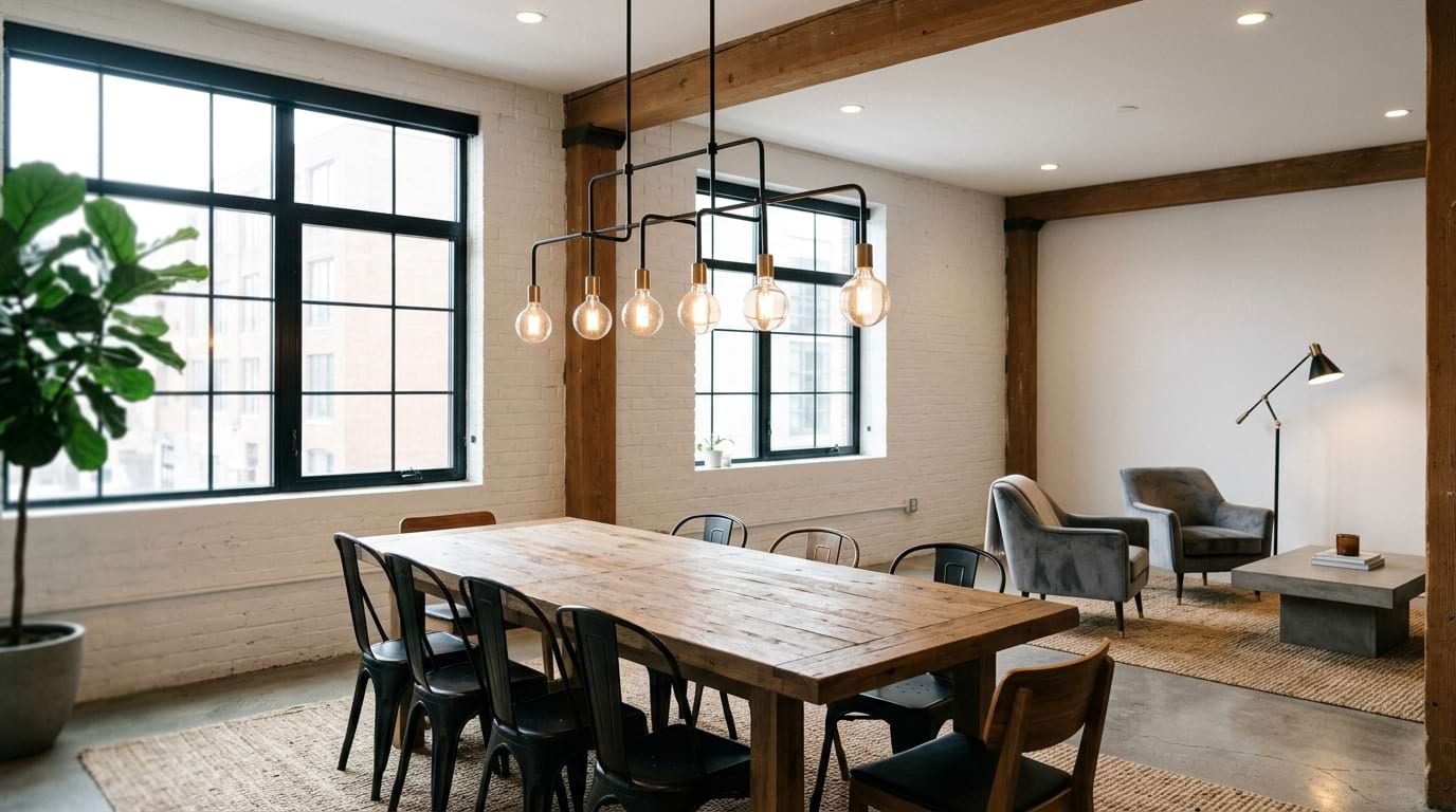 Dining room featuring black metal light fixtures and warm wood table, repeating materials for visual consistency.