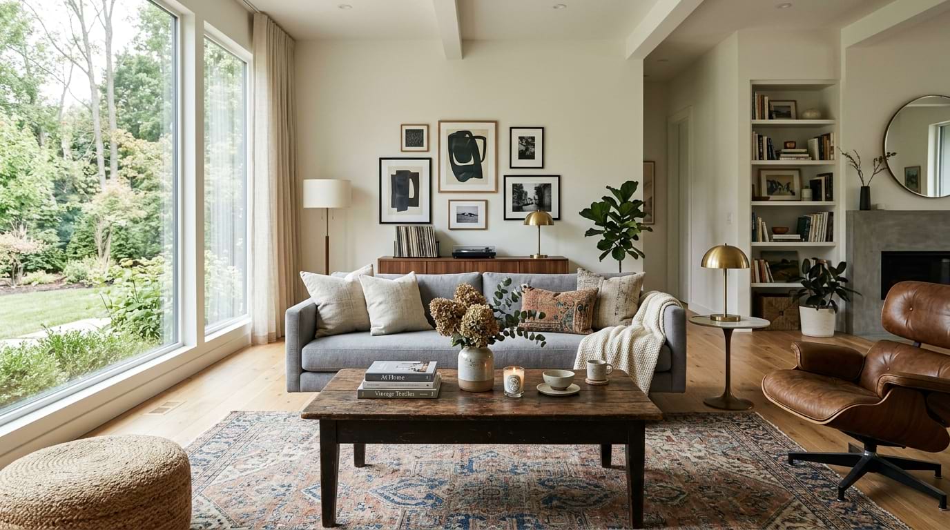Modern living room with vintage rug and antique coffee table paired with a clean-lined sofa in natural light.