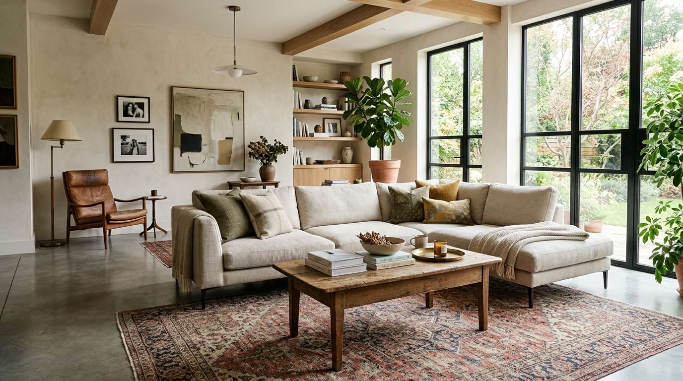 Modern living room with vintage rug and antique coffee table paired with a clean-lined sofa in natural light.