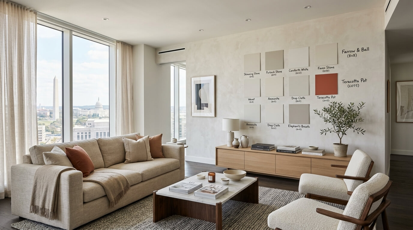 Paint swatch wall with neutral and accent color combinations