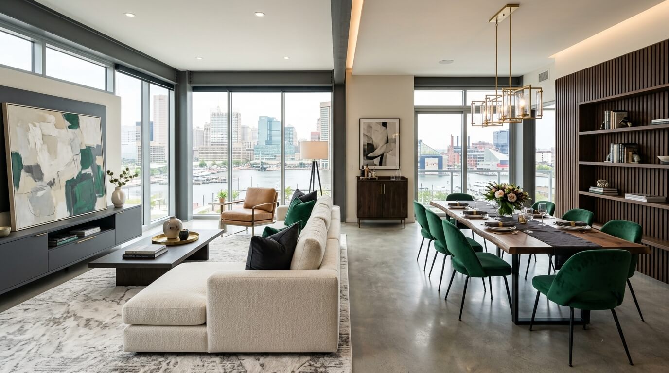 Open concept space showing color flow between rooms